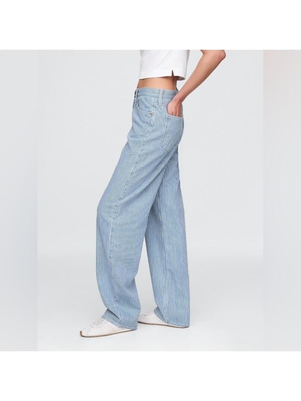 NWT Gap High Rise UltraSoft Denim Stripe Barrel Jeans Blue Railroad Stripe 27 4